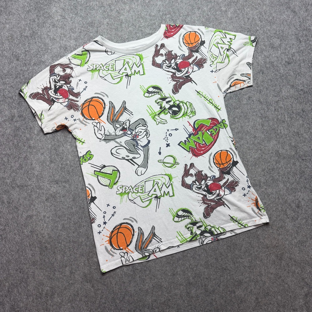 Space Jam Shirt Mens Medium White AOP Bugs Bunny Taz Looney Tunes Graphic Tee